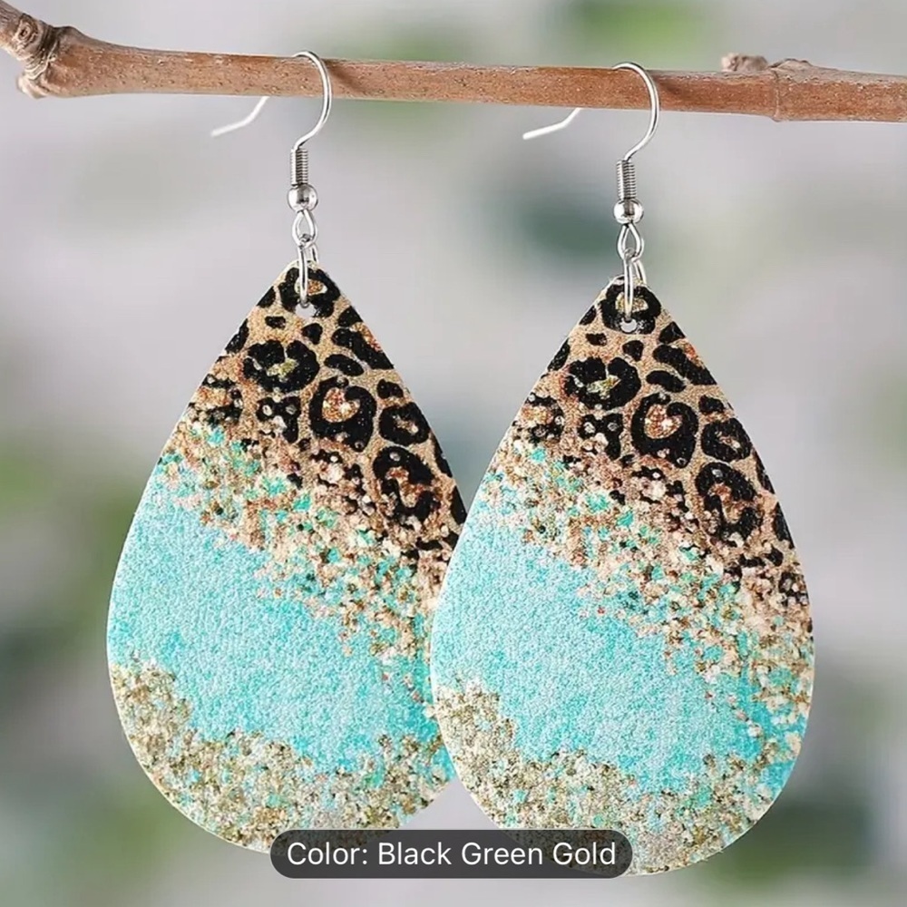 Pair Of Simple Leopard Pattern PU Leather Drop Hook Earrings For Women & Girls